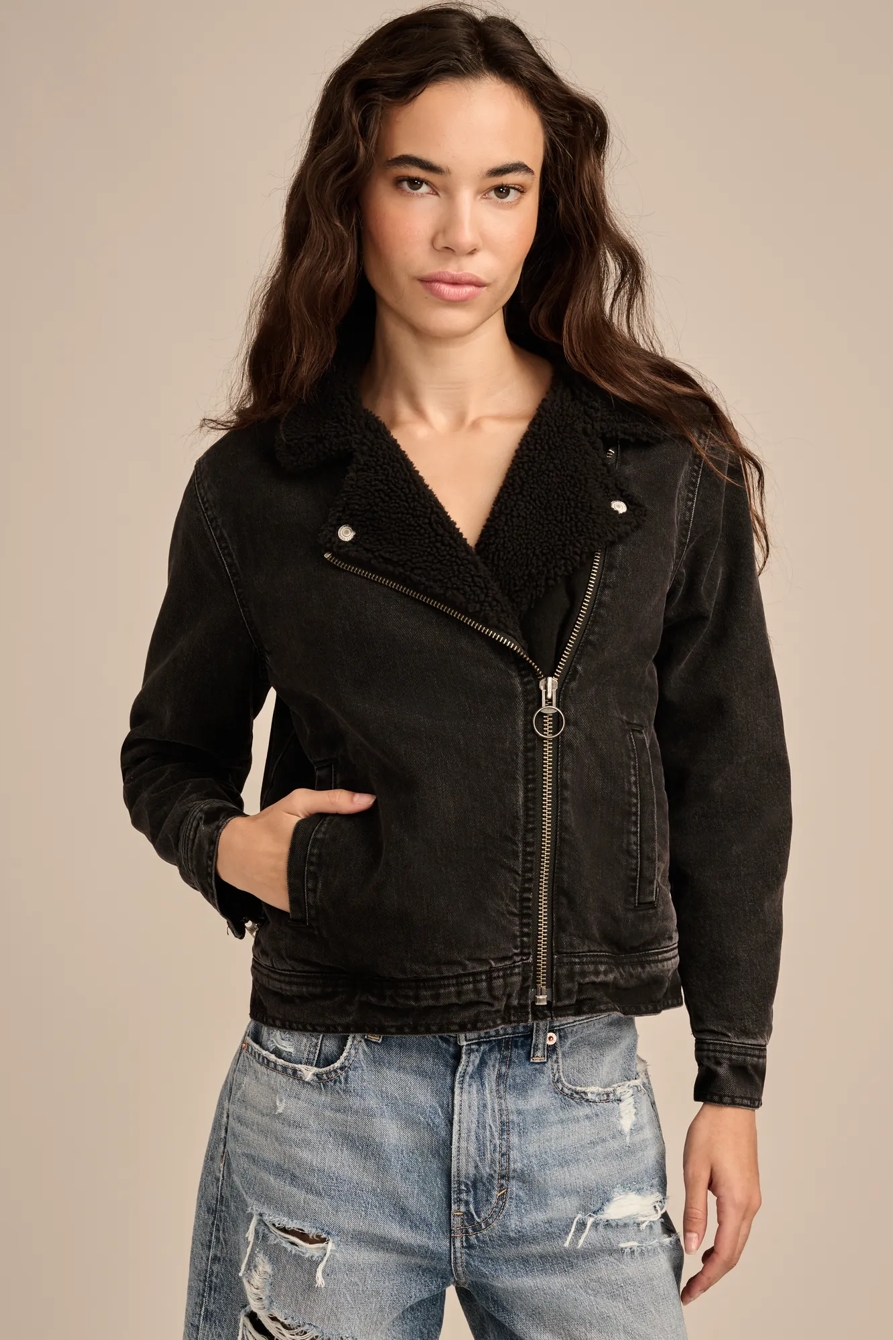 FAUX SHEARLING DENIM MOTO JACKET, image 2