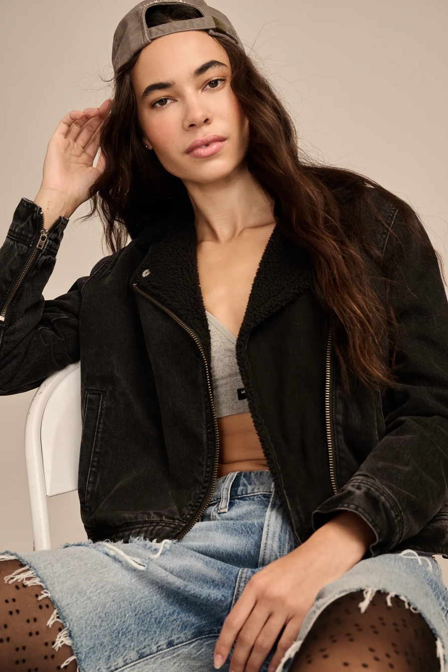 FAUX SHEARLING DENIM MOTO JACKET, image 4