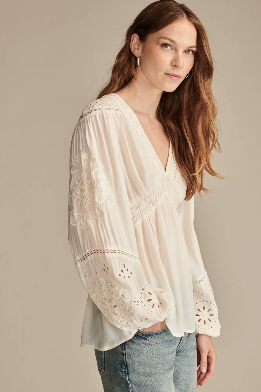 Long Sleeve Cutwork Smocked Top, image 4