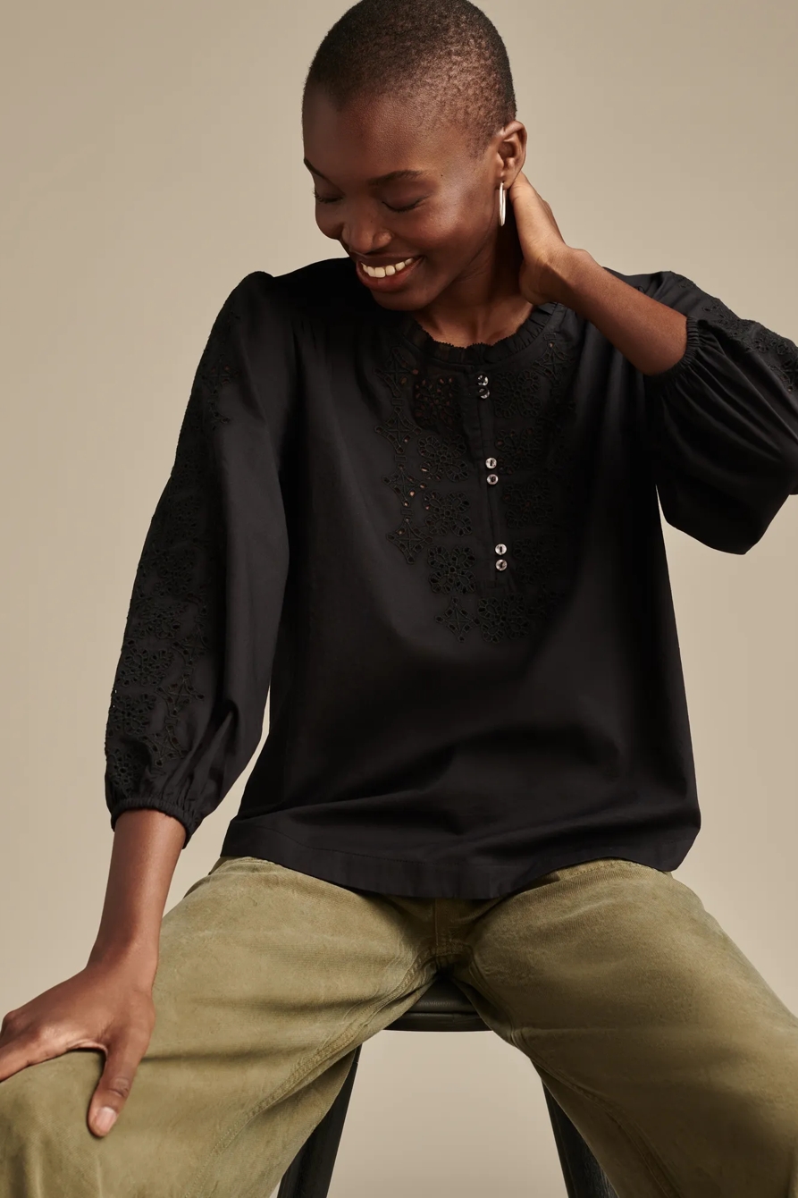 Eyelet Henley 3/4 Sleeve Peasant Top, image 2