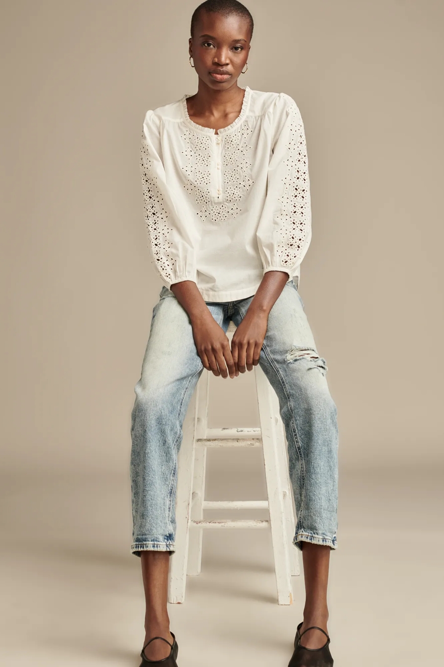 Eyelet Henley 3/4 Sleeve Peasant Top, image 5
