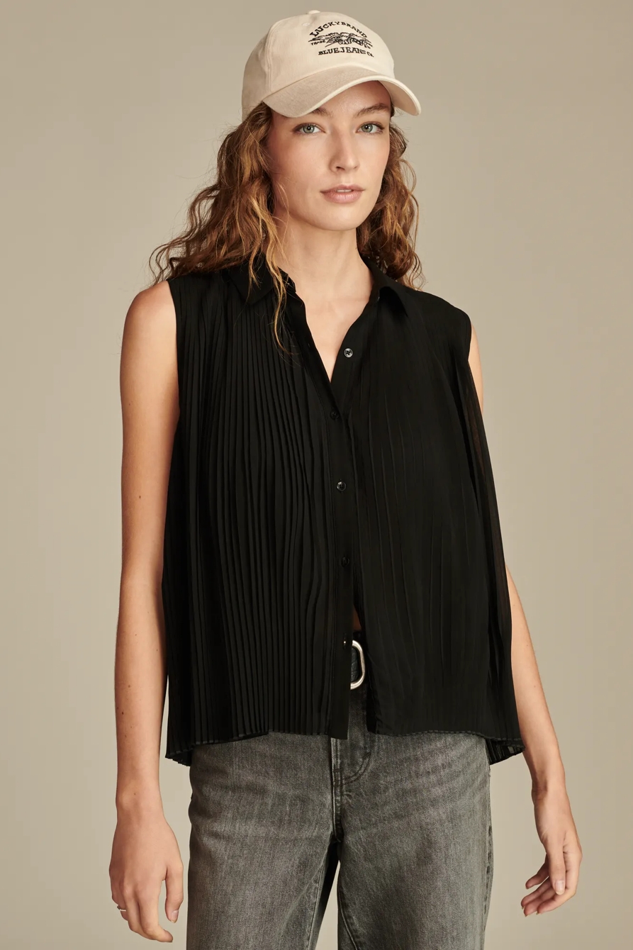Sleeveless Micro Pleated Button Down, image 2