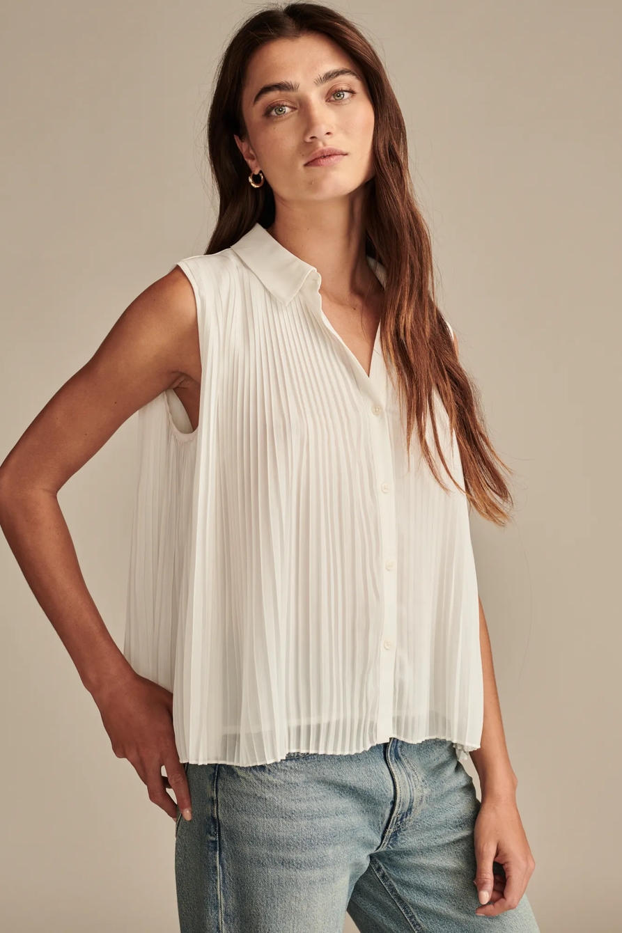 Sleeveless Micro Pleated Button Down, image 2