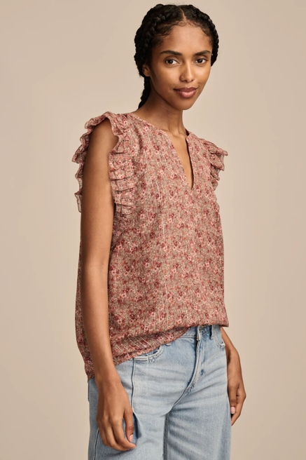 PRINTED NOTCH NECK RUFFLE TOP, image 1