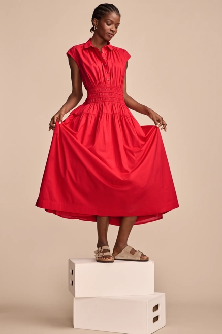 SMOCKED DROPPED WAIST MIDI DRESS, image 1