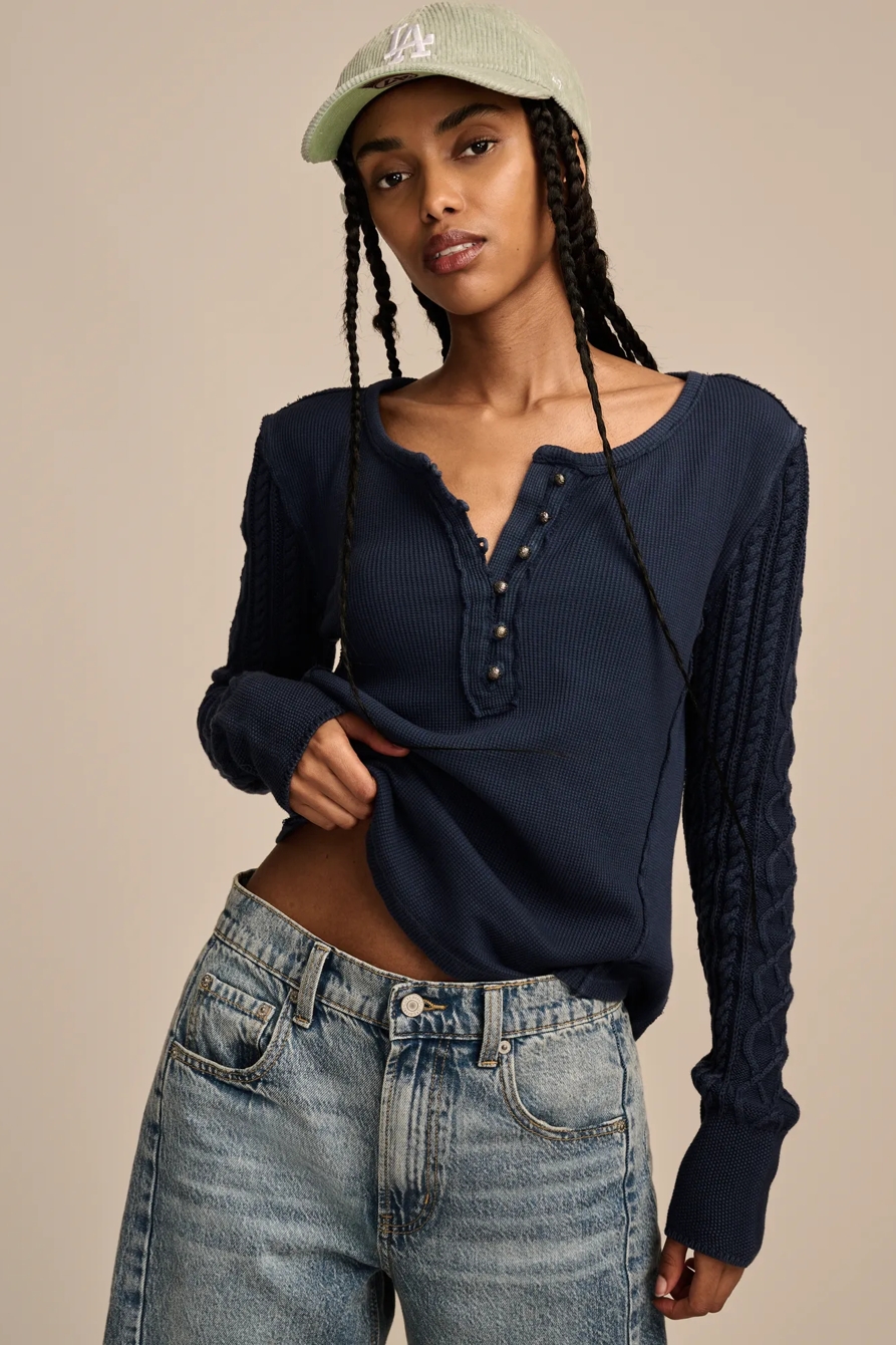 TEXTURED MIXED SLEEVE HENLEY, image 3