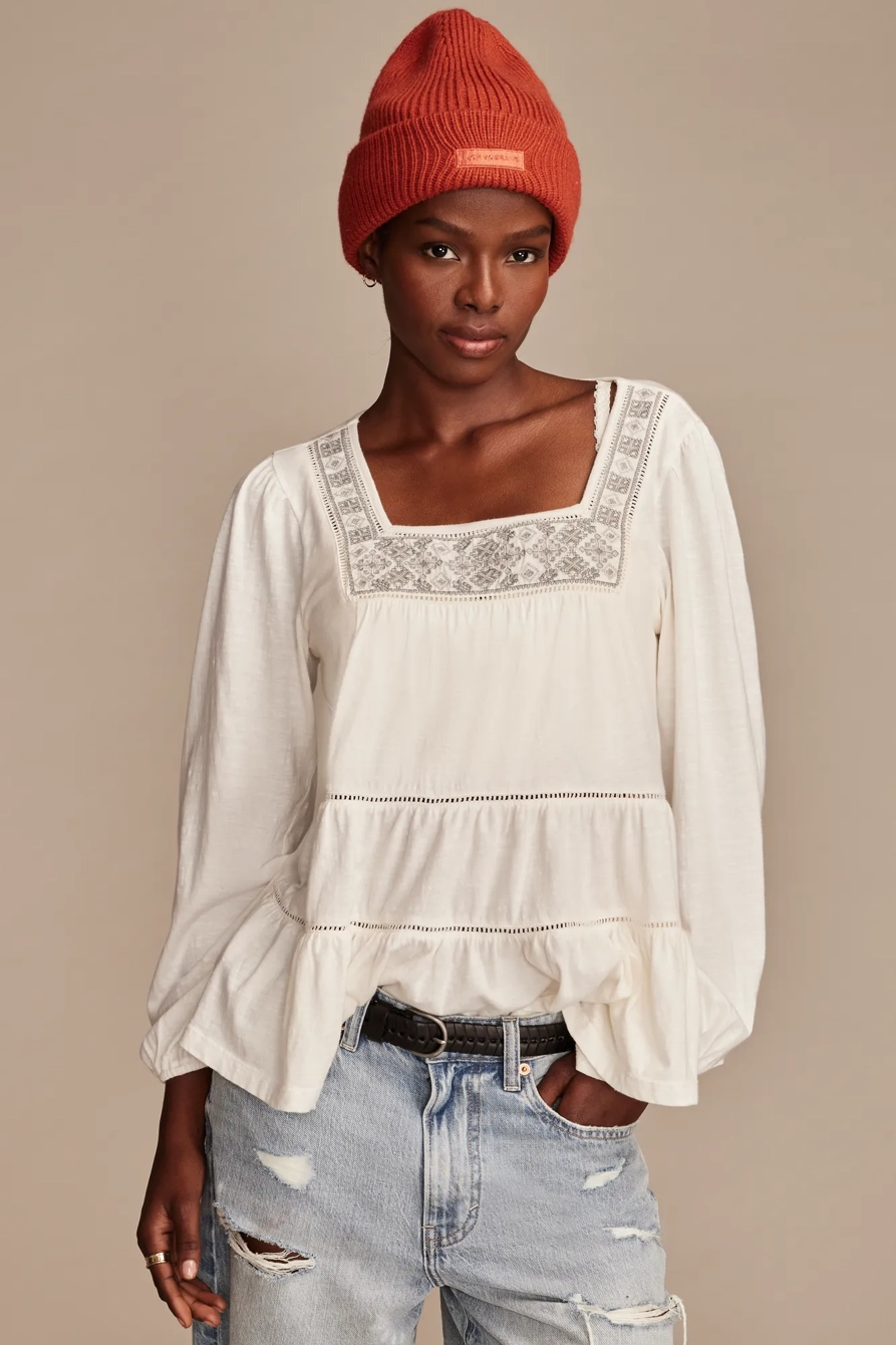 SQUARE NECK EMBROIDERED PEASANT TOP
