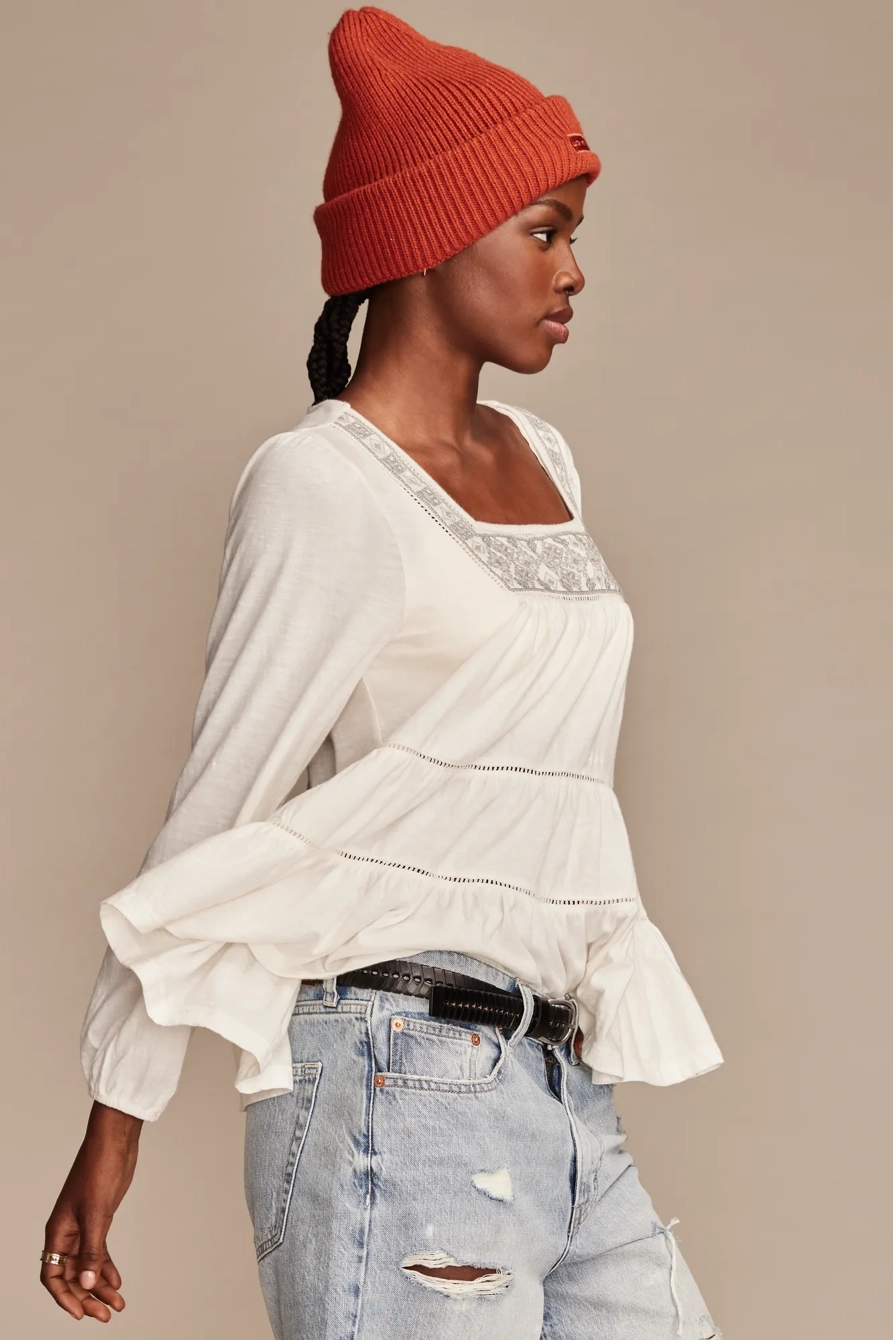 SQUARE NECK EMBROIDERED PEASANT TOP