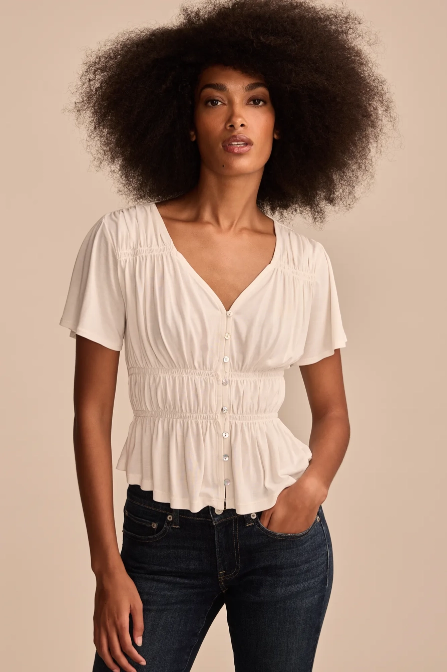 SANDWASH SHIRRED BUTTON FRONT TOP