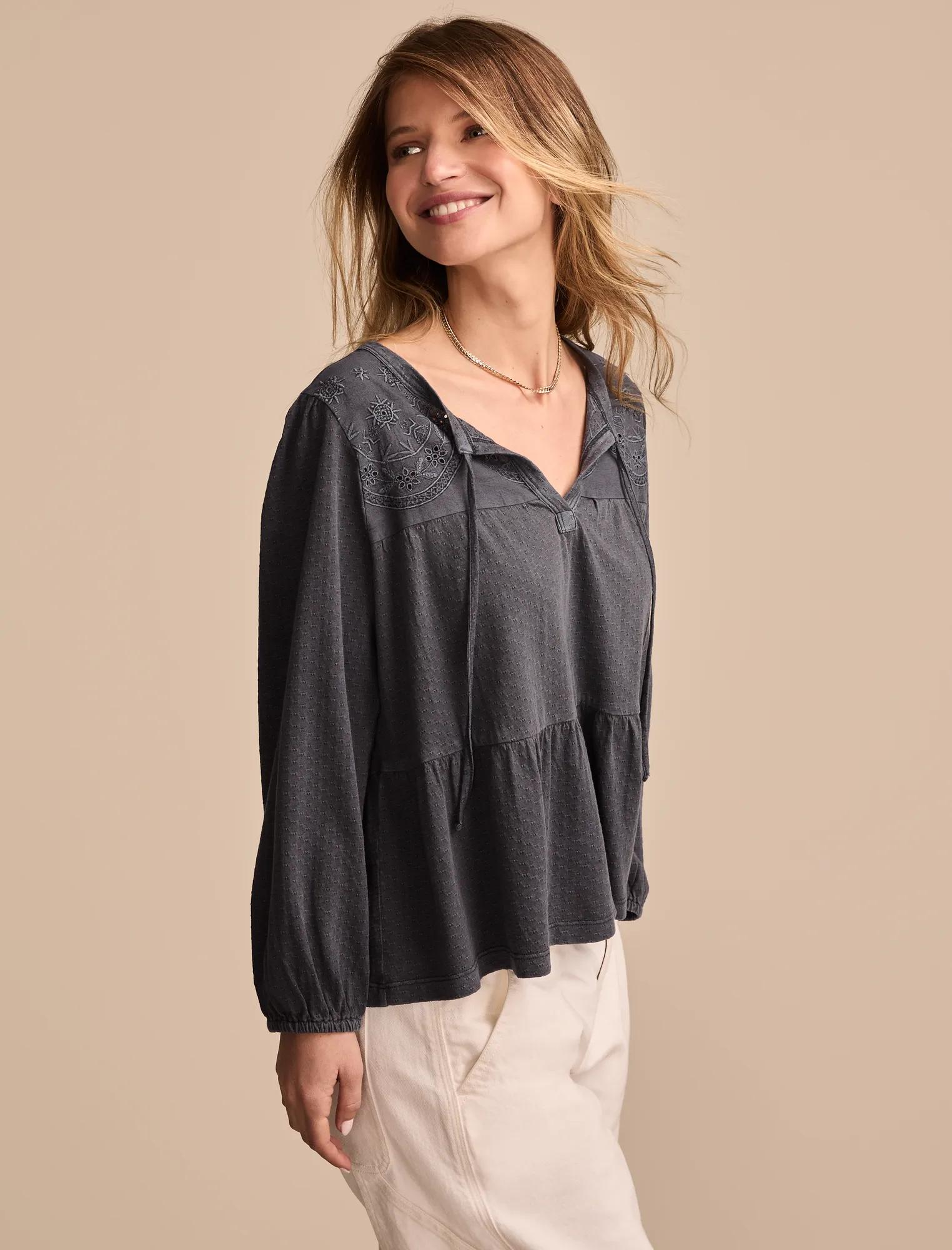 Lucky Brand Women's Textured Babydoll Top – Casual Short Sleeve Blouse
