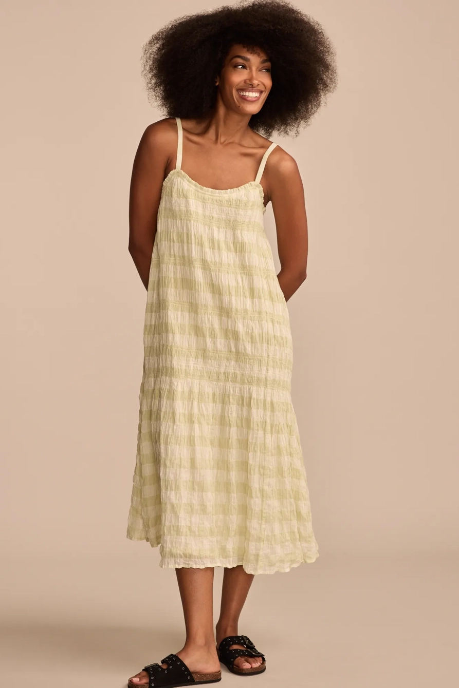 SMOCKED GINGHAM MIDI DRESS