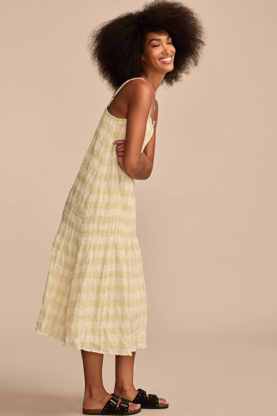 SMOCKED GINGHAM MIDI DRESS