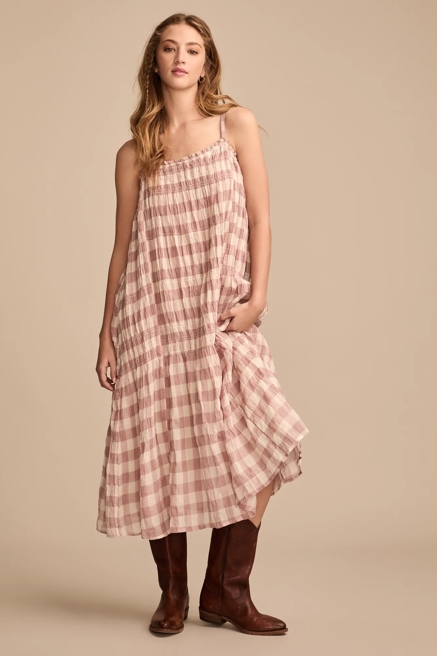 SMOCKED GINGHAM MIDI DRESS, image 1