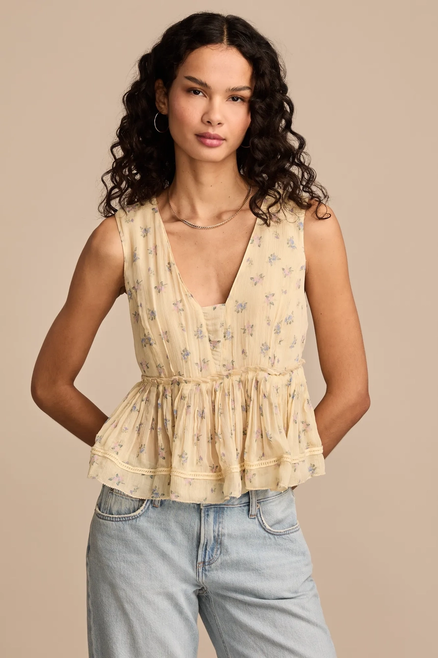 PRINTED RUCHED RUFFLE V NECK BLOUSE