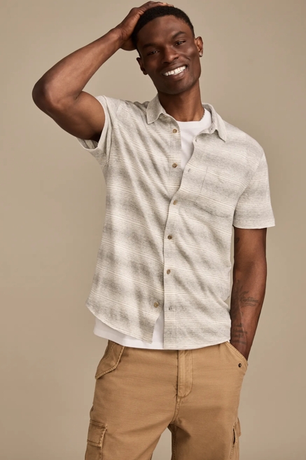 LINEN SHORT SLEEVE STRIPE BUTTON UP SHIRT, image 1