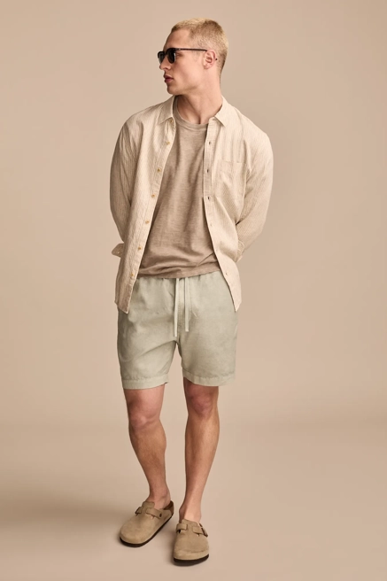 printed linen camp shirt, pink postcard print