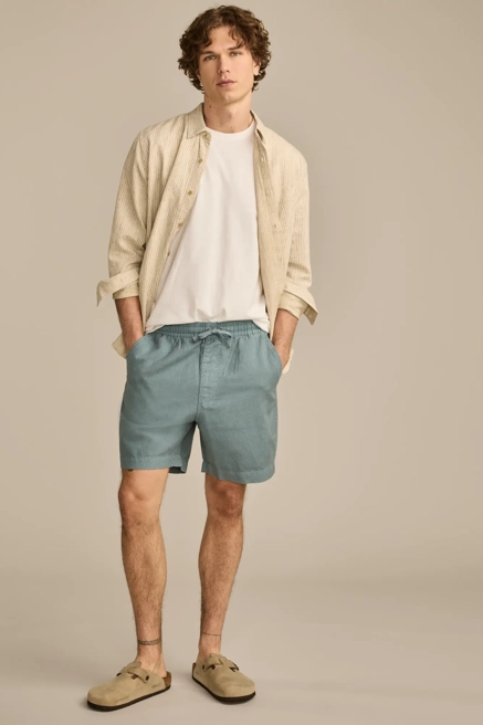 printed linen camp shirt, pink postcard print