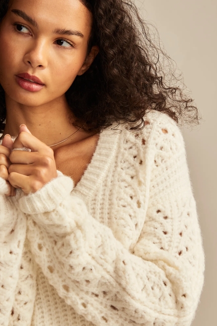 V NECK POINTELLE CABLE PULLOVER SWEATER, image 2