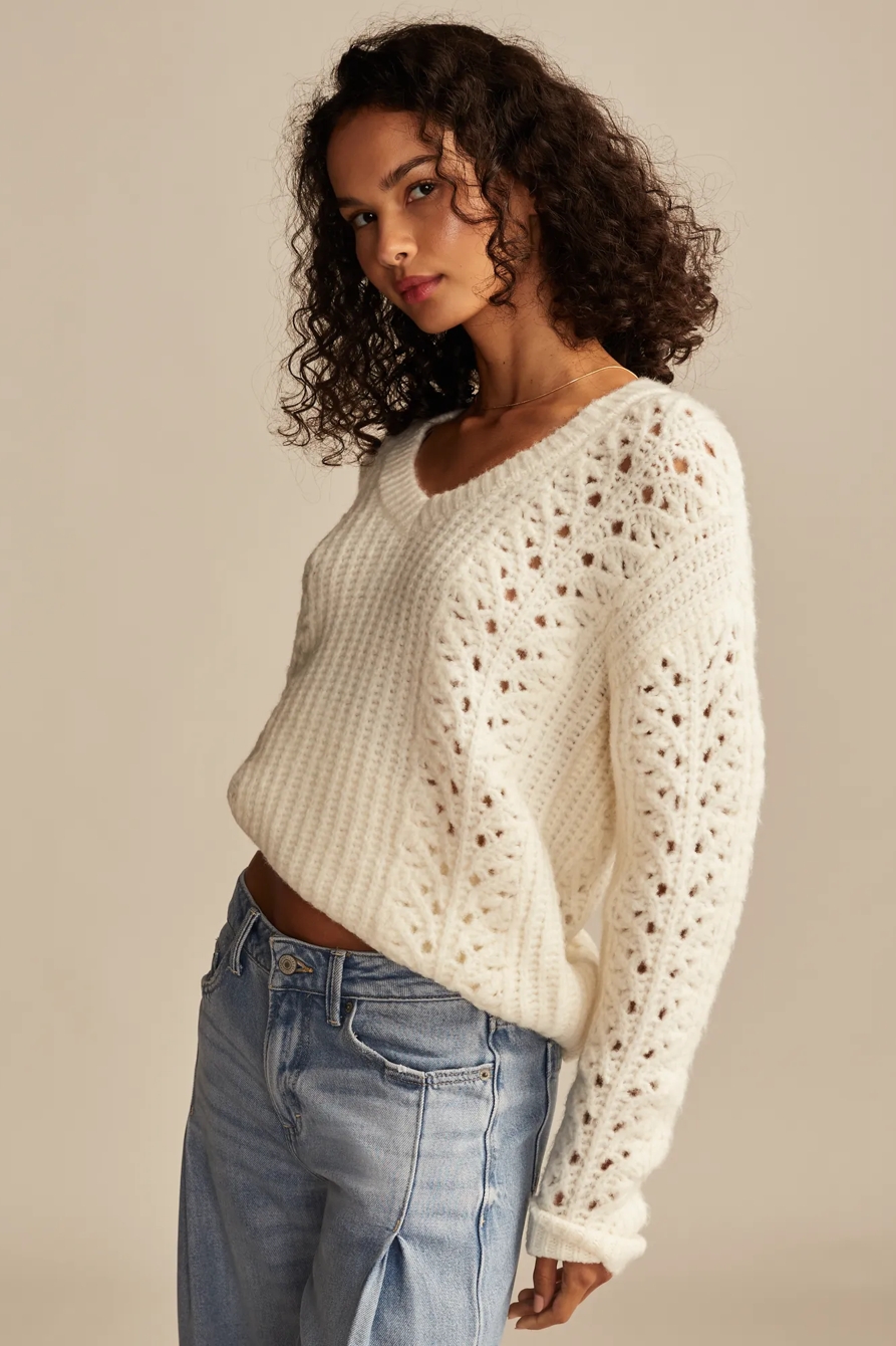 V NECK POINTELLE CABLE PULLOVER SWEATER, image 3