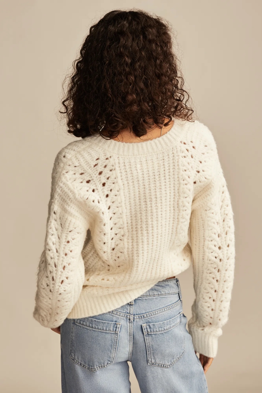 V NECK POINTELLE CABLE PULLOVER SWEATER, image 4