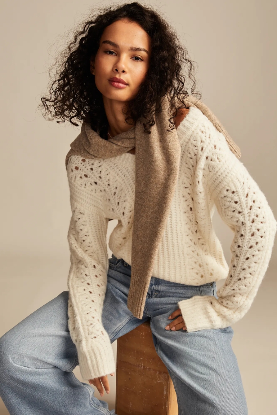 V NECK POINTELLE CABLE PULLOVER SWEATER, image 5