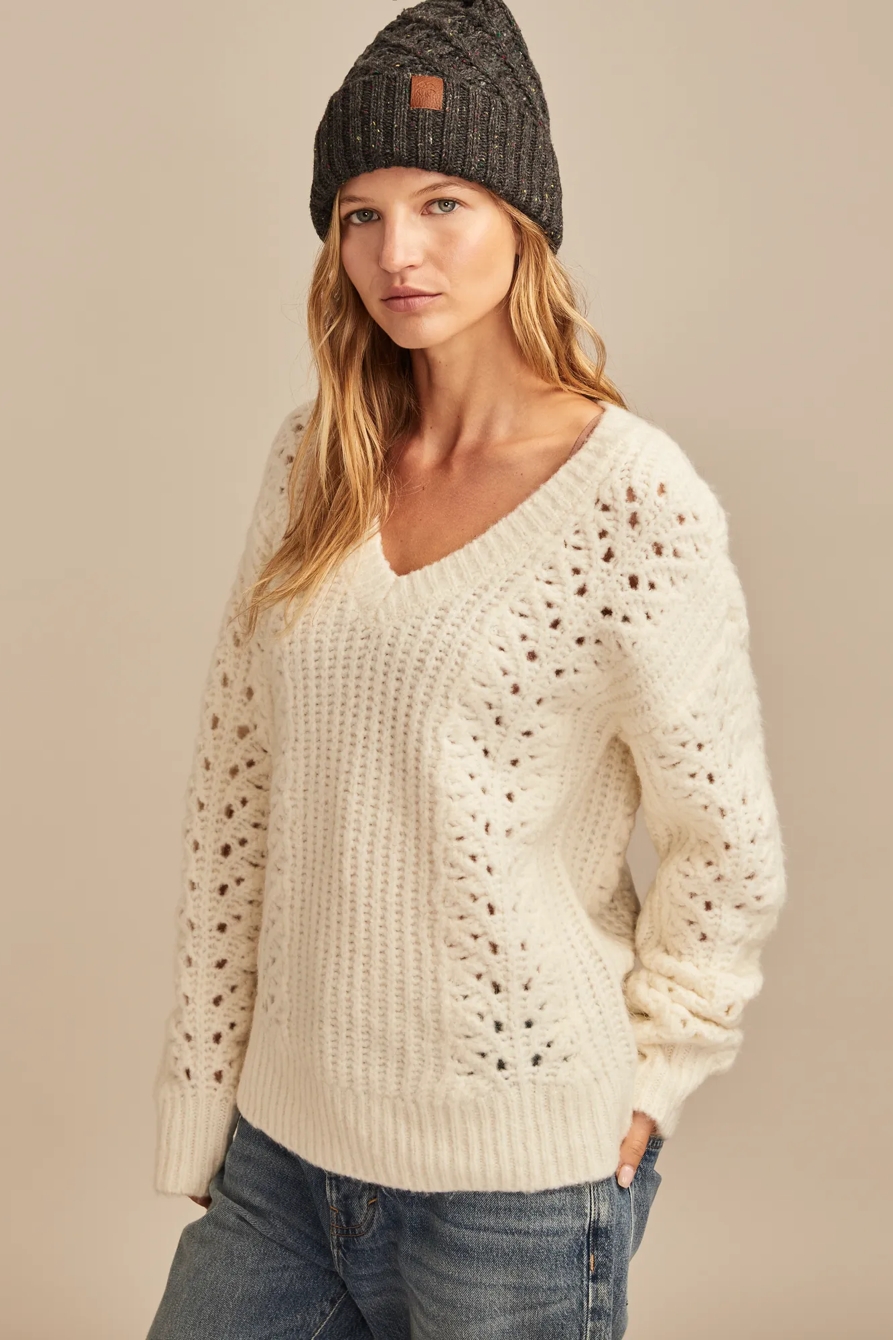 V NECK POINTELLE CABLE PULLOVER SWEATER, image 6