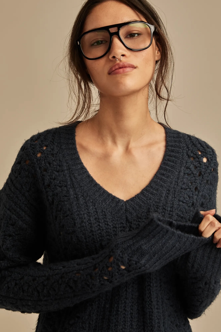 V NECK POINTELLE CABLE PULLOVER SWEATER, image 2
