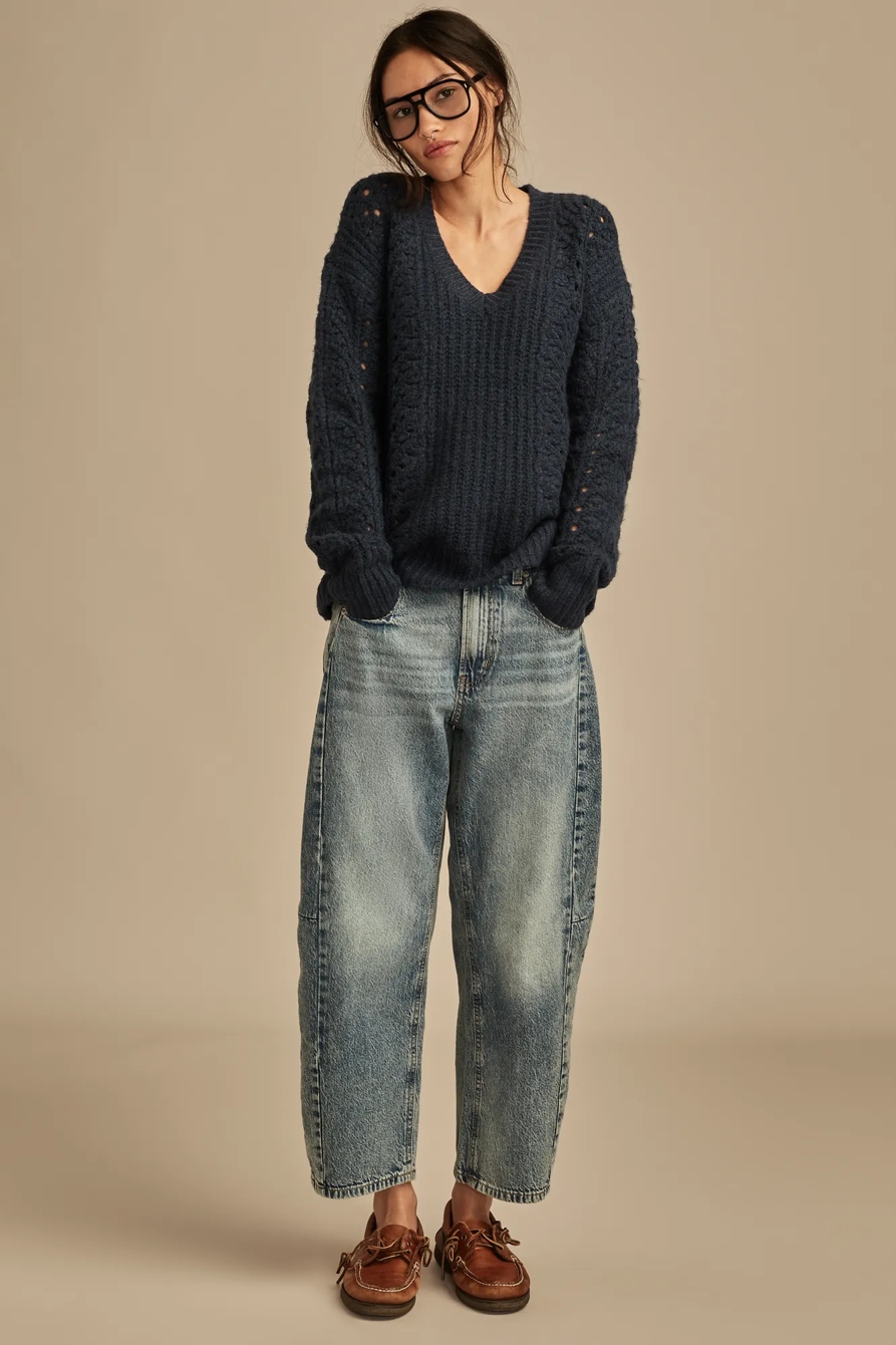 V NECK POINTELLE CABLE PULLOVER SWEATER, image 3