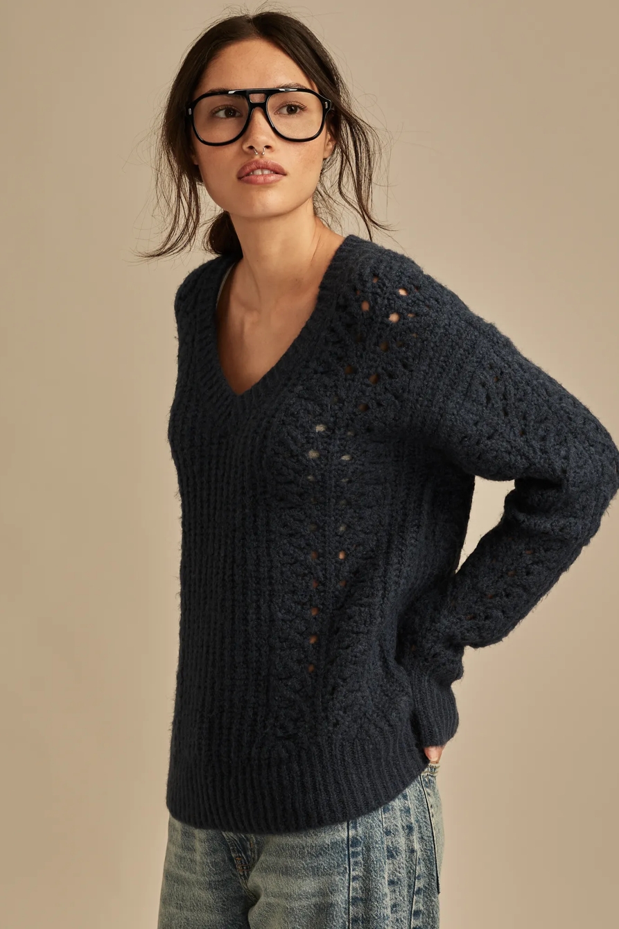 V NECK POINTELLE CABLE PULLOVER SWEATER, image 4