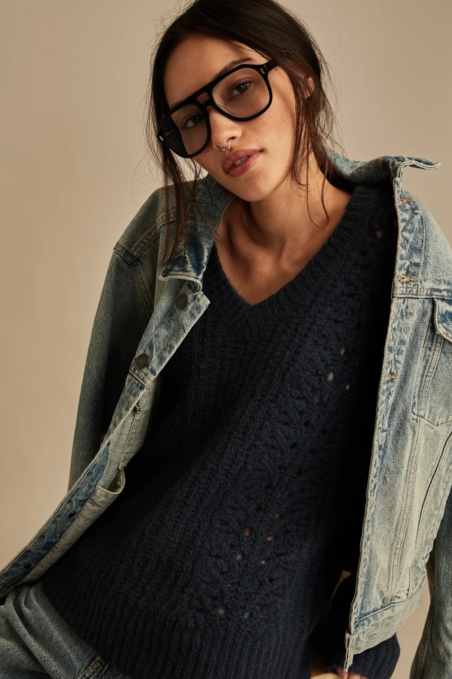V NECK POINTELLE CABLE PULLOVER SWEATER, image 5