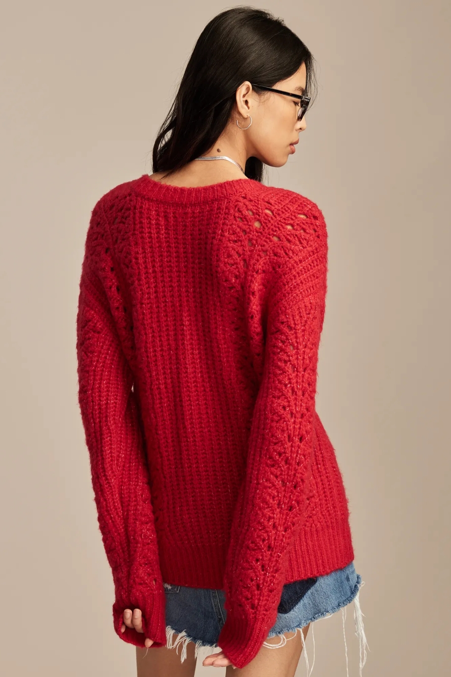 V NECK POINTELLE CABLE PULLOVER SWEATER, image 3