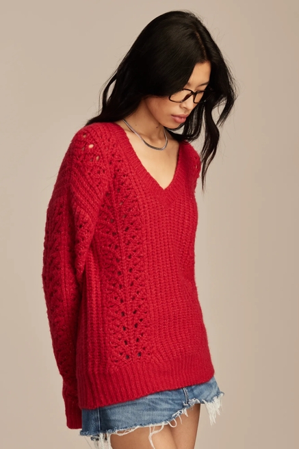 V NECK POINTELLE CABLE PULLOVER SWEATER, image 4