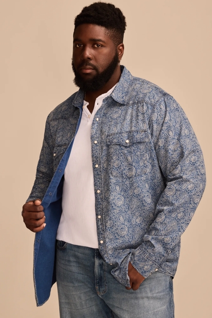 BIG & TALL PRINTED INDIGO WESTERN LONG SLEEVE SHIRT, image 1