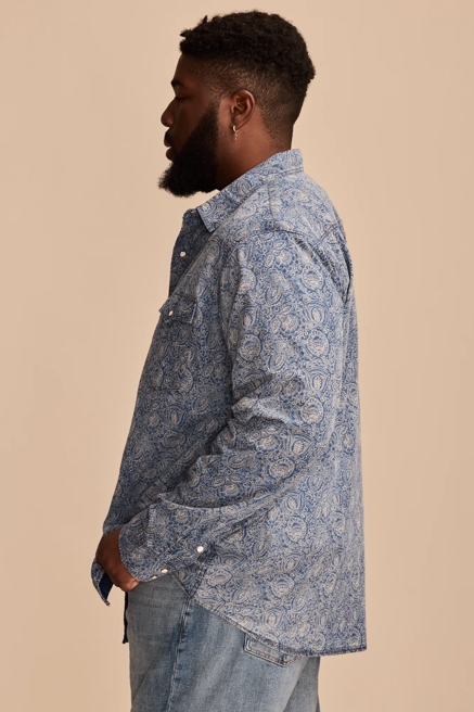 BIG & TALL PRINTED INDIGO WESTERN LONG SLEEVE SHIRT, image 3