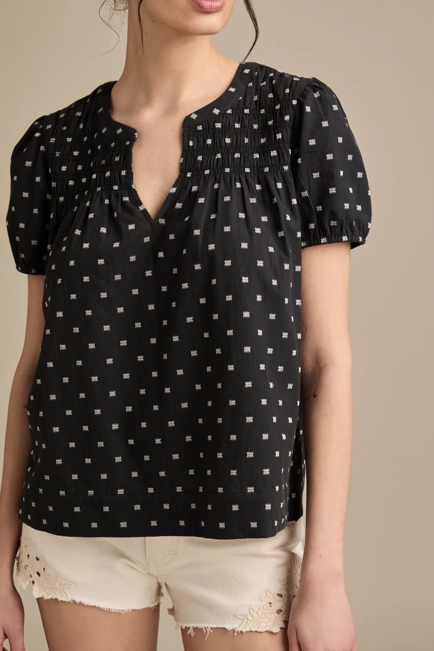 SMOCKED NOTCH NECK PUFF SLEEVE TOP, image 2