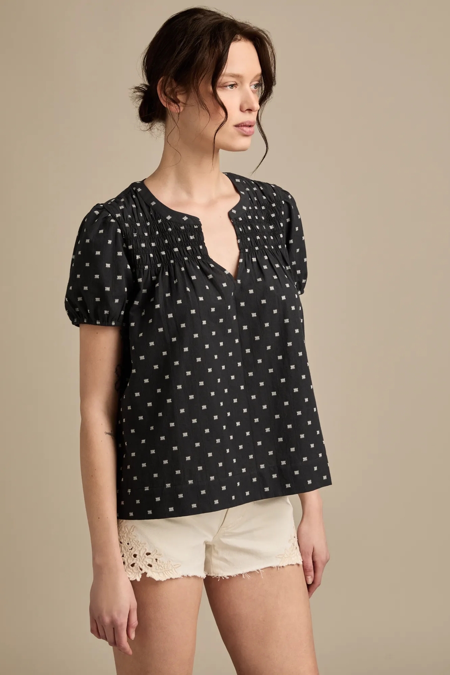 SMOCKED NOTCH NECK PUFF SLEEVE TOP, image 3