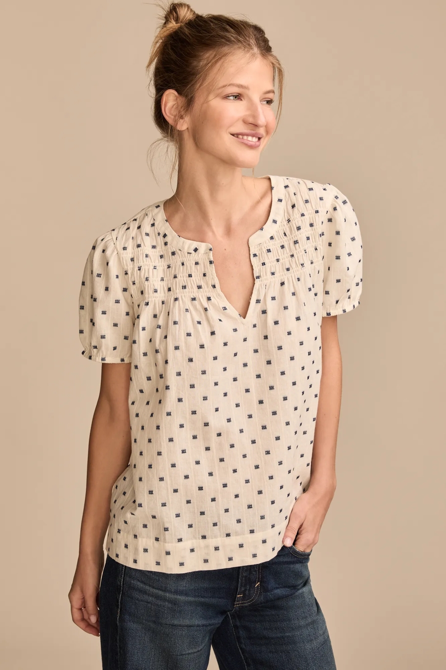 SMOCKED NOTCH NECK PUFF SLEEVE TOP, image 3