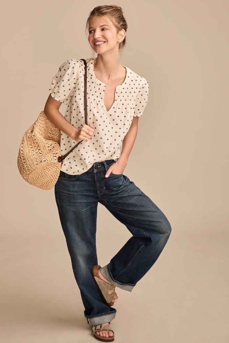 SMOCKED NOTCH NECK PUFF SLEEVE TOP, image 5
