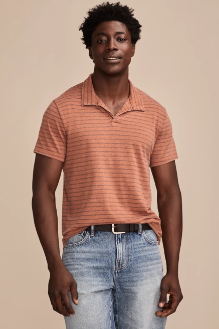 SLUB JERSEY STRIPE JOHNNY COLLAR POLO, image 1