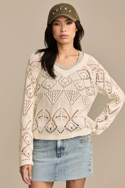 POINTELLE V NECK PULLOVER, image 1