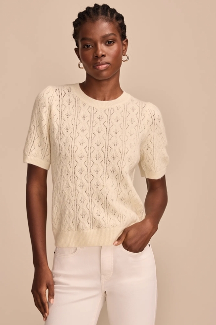 PUFF SLEEVE POINTELLE SWEATER TEE, image 1