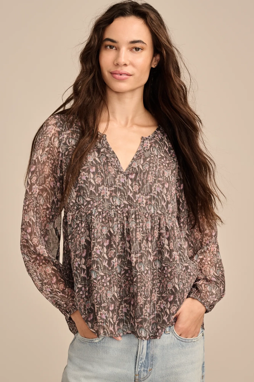 OPEN NECK PRINTED PEASANT TOP