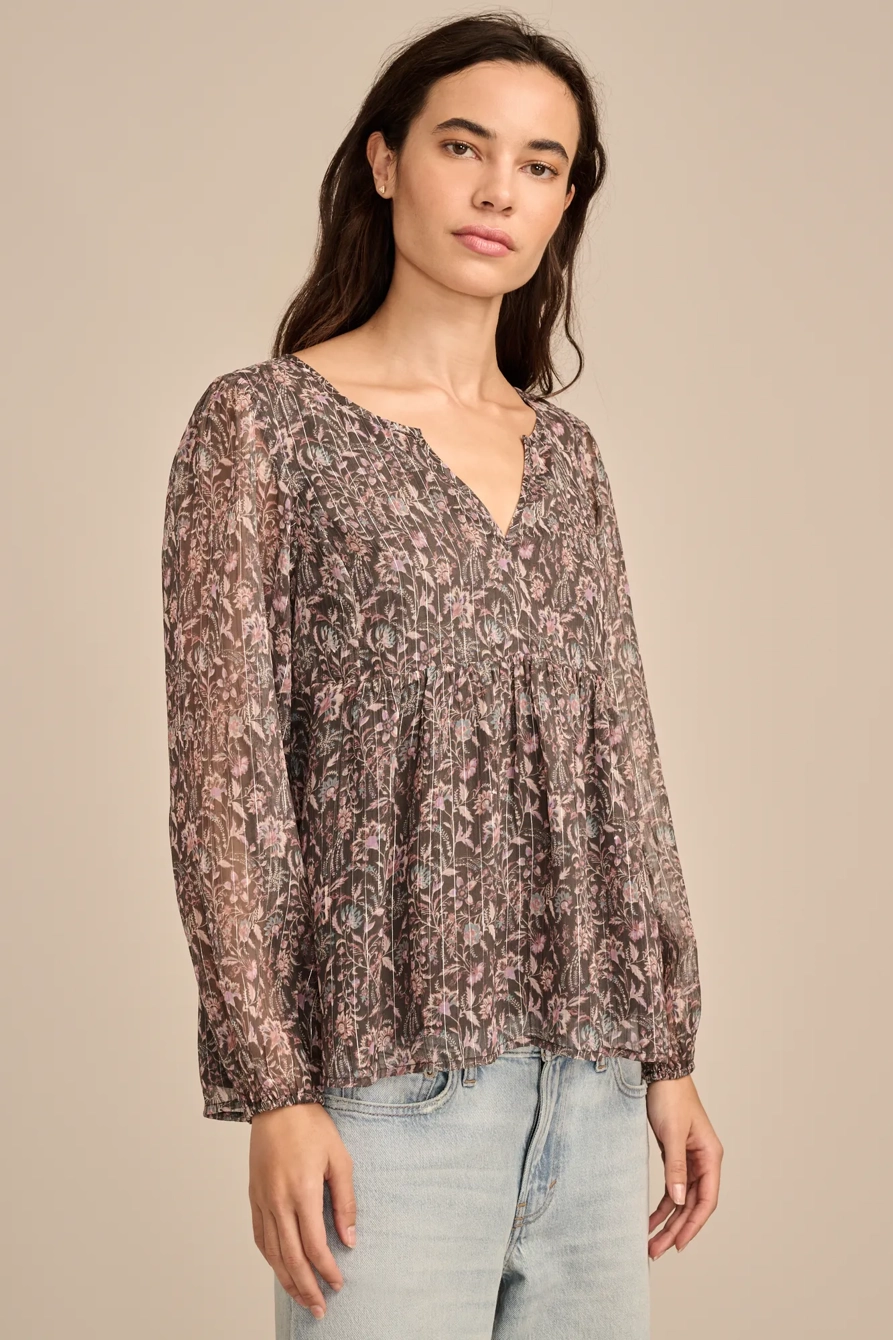 OPEN NECK PRINTED PEASANT TOP