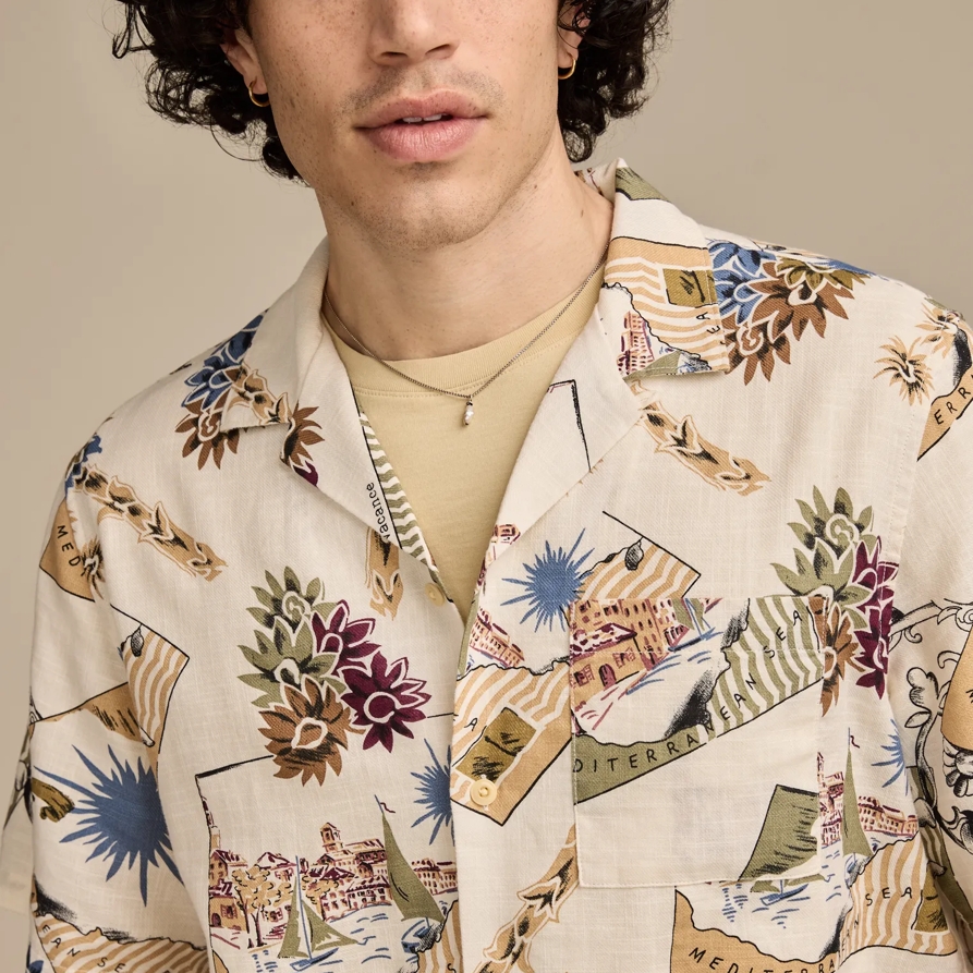 Lucky Brand Animal Print Camp Collar Short Sleeve Shirt - Men's Clothing Outerwear Shirt Jackets in Cream Multi