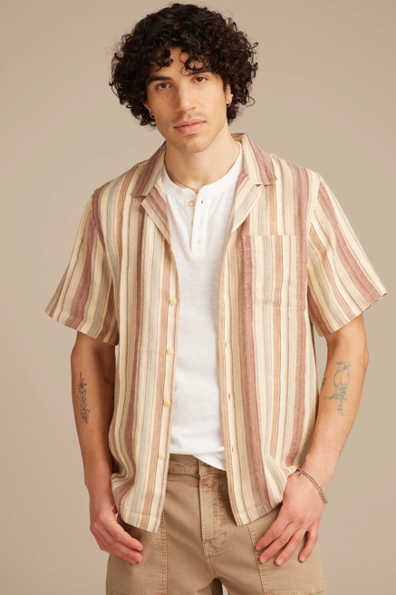 LINEN DOBBY STRIPE CAMP COLLAR SHORT SLEEVE SHIRT, image 1