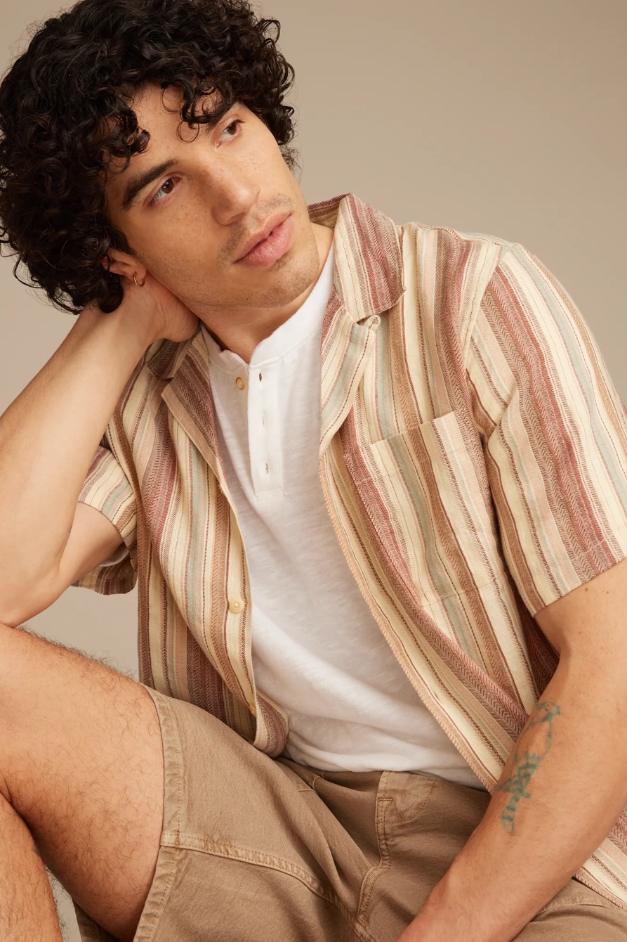 LINEN DOBBY STRIPE CAMP COLLAR SHORT SLEEVE SHIRT, image 5