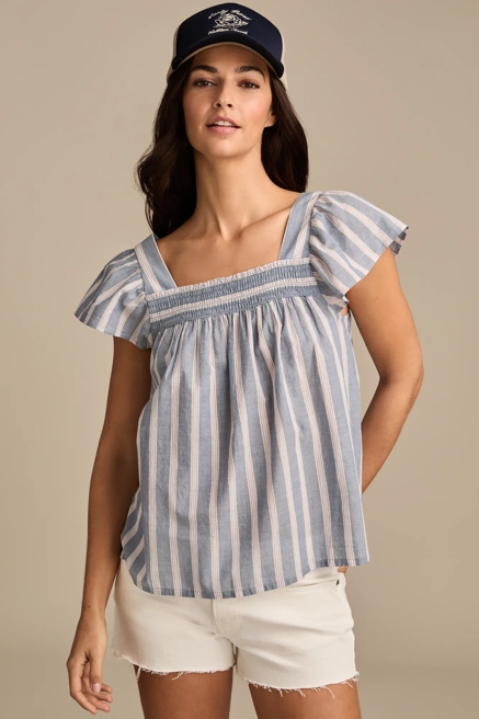 SMOCKED SQUARE NECK PEASANT TOP, image 1