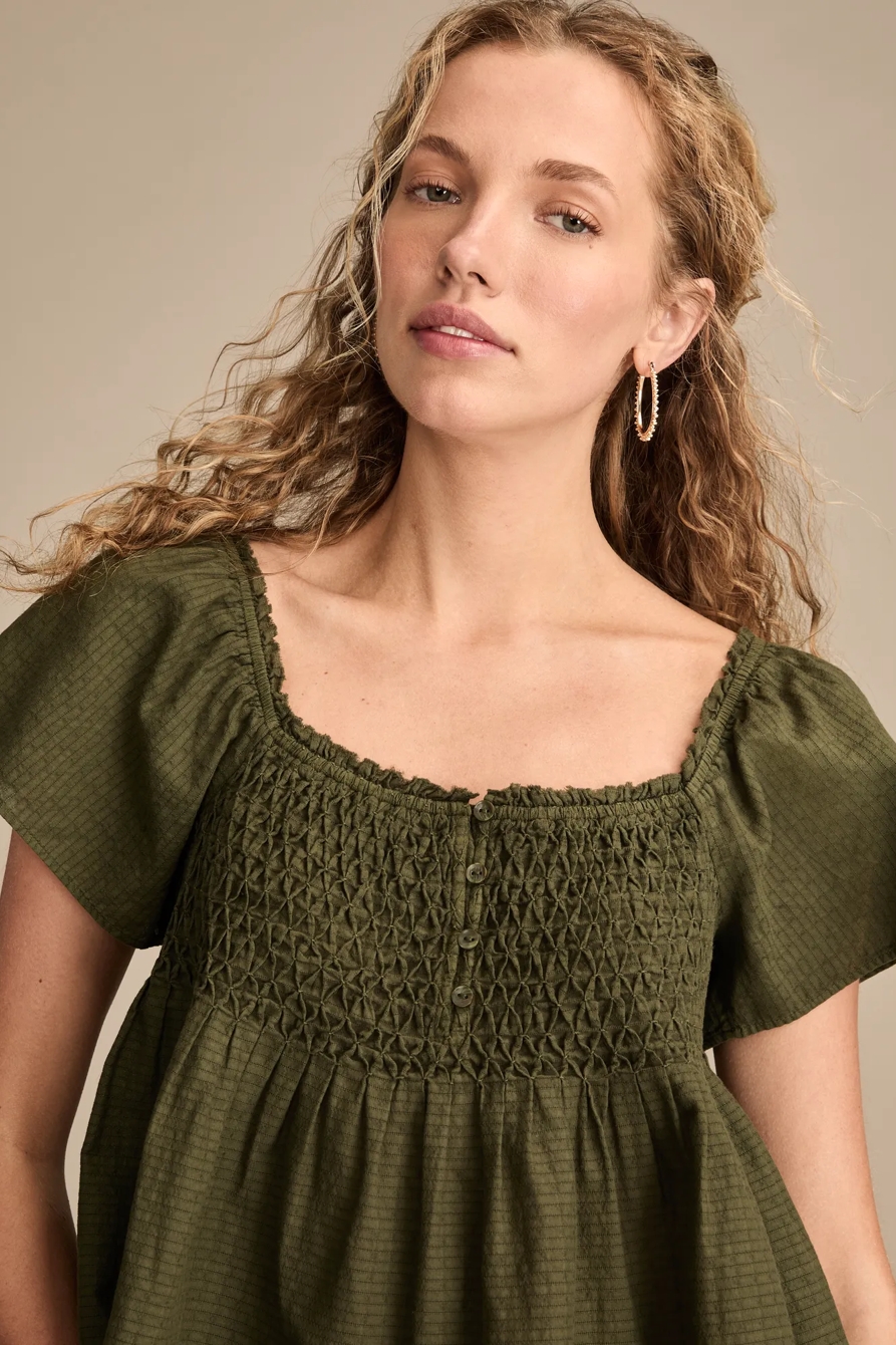 SMOCKED BODICE BABYDOLL TOP, image 2