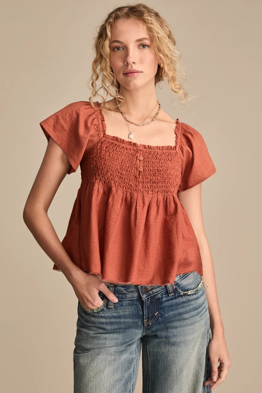 SMOCKED BODICE BABYDOLL TOP, image 2