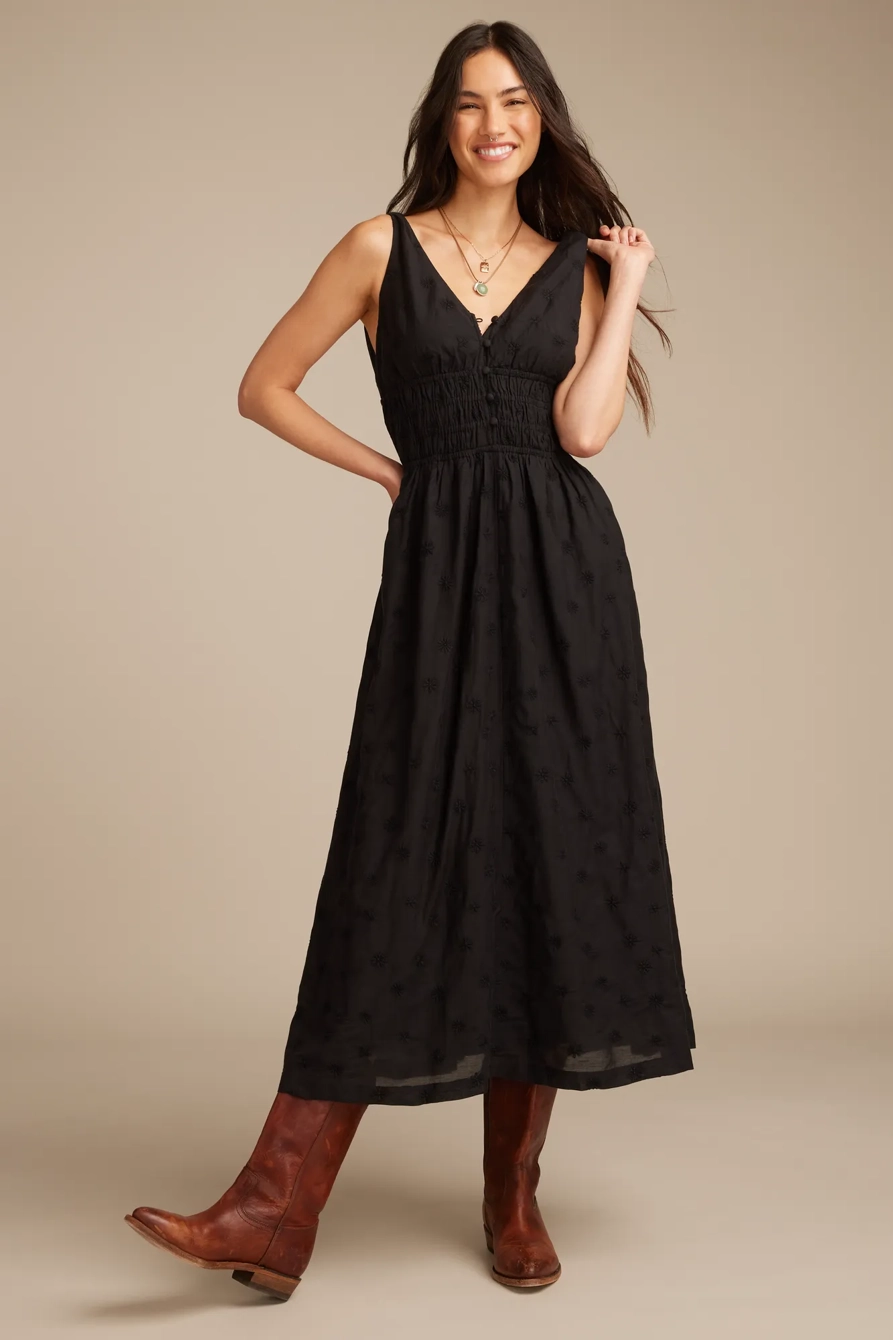 V-NECK SMOCKED WAIST MIDI DRESS
